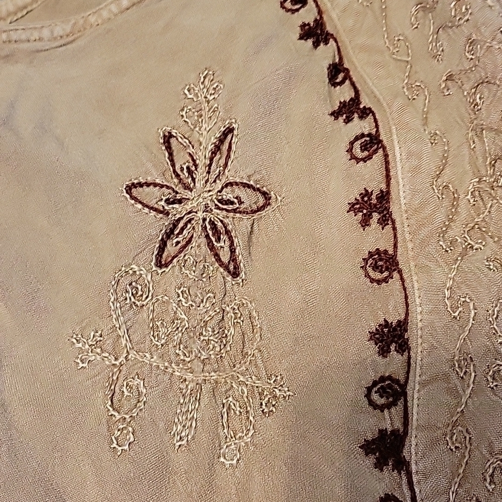 VTG MAGIC 1980s Tan Floral Embroidered Tie Back Sleeveless Circle Dress - Picture 15 of 16